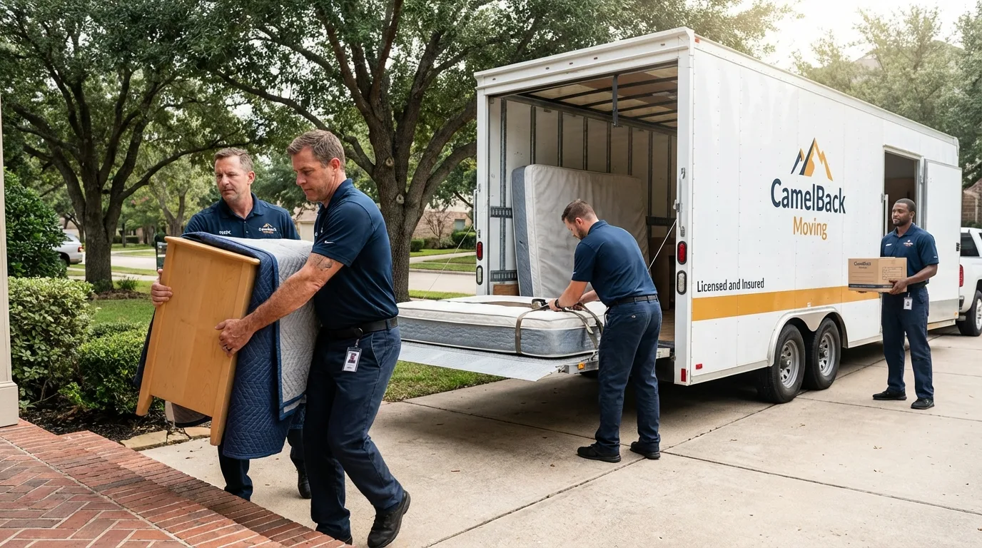 Crew loading residential truck for cross-state move from Lucerne Valley, CA