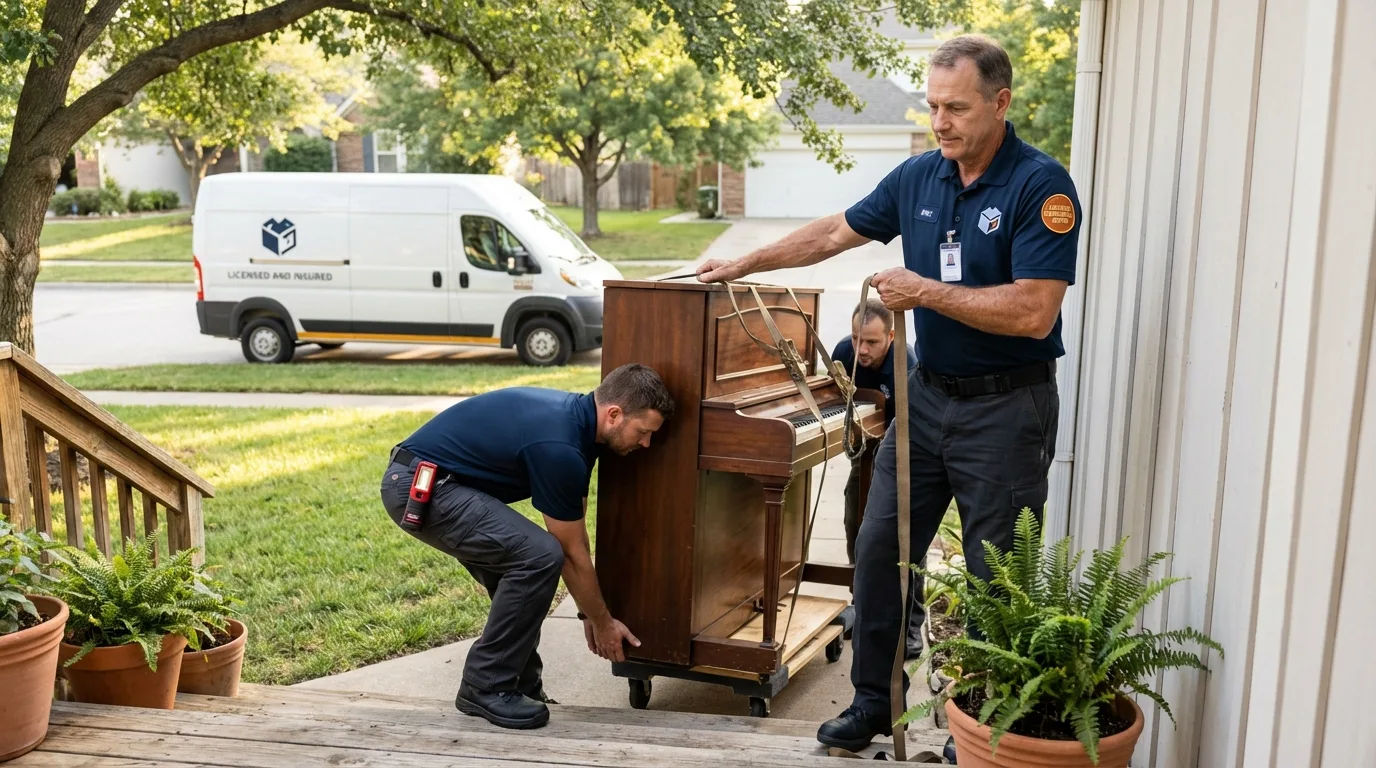 Licensed piano movers securing grand piano in Lucerne Valley, CA