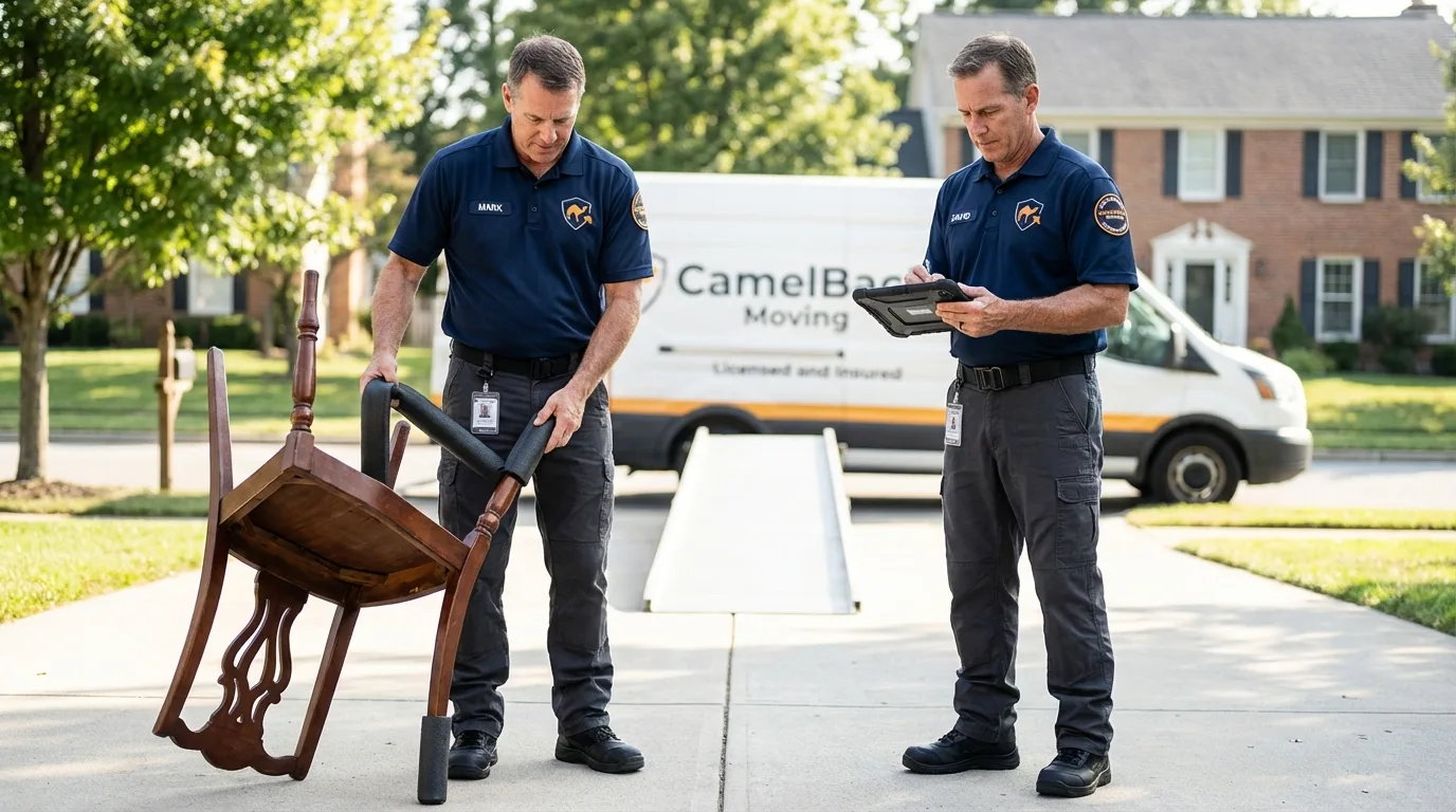 Movers inspecting furniture for damage prevention before loading in Lucerne Valley, CA